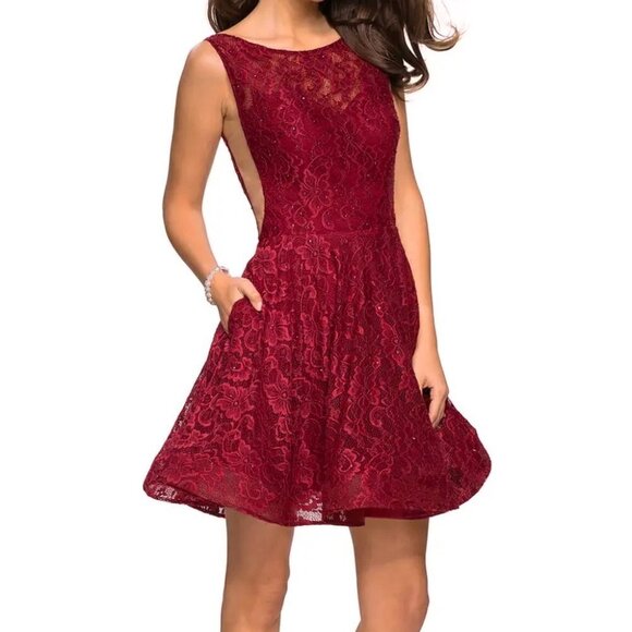 La Femme Boysenberry Lace Fit & Flare Cocktail Dress